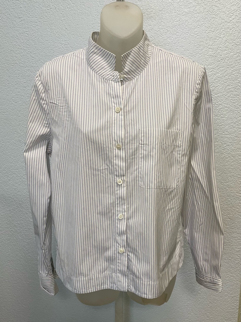 Theory White Shirt with Thin Navy Stripes - Band Collar